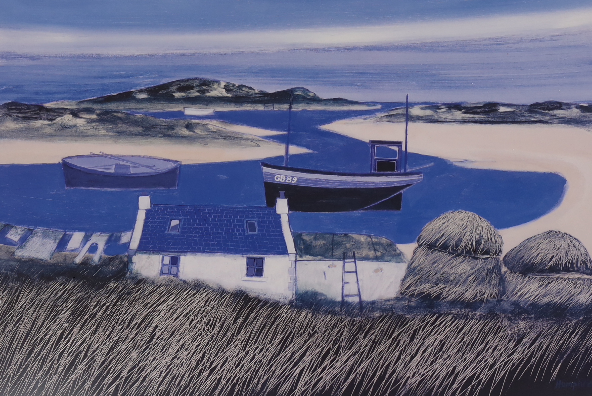 David Humphreys (b.1937), four colour lithographs, Cottages and panoramic landscape and harbour scenes, each pencil signed, two with personal inscription, the largest 60cm x 42cm